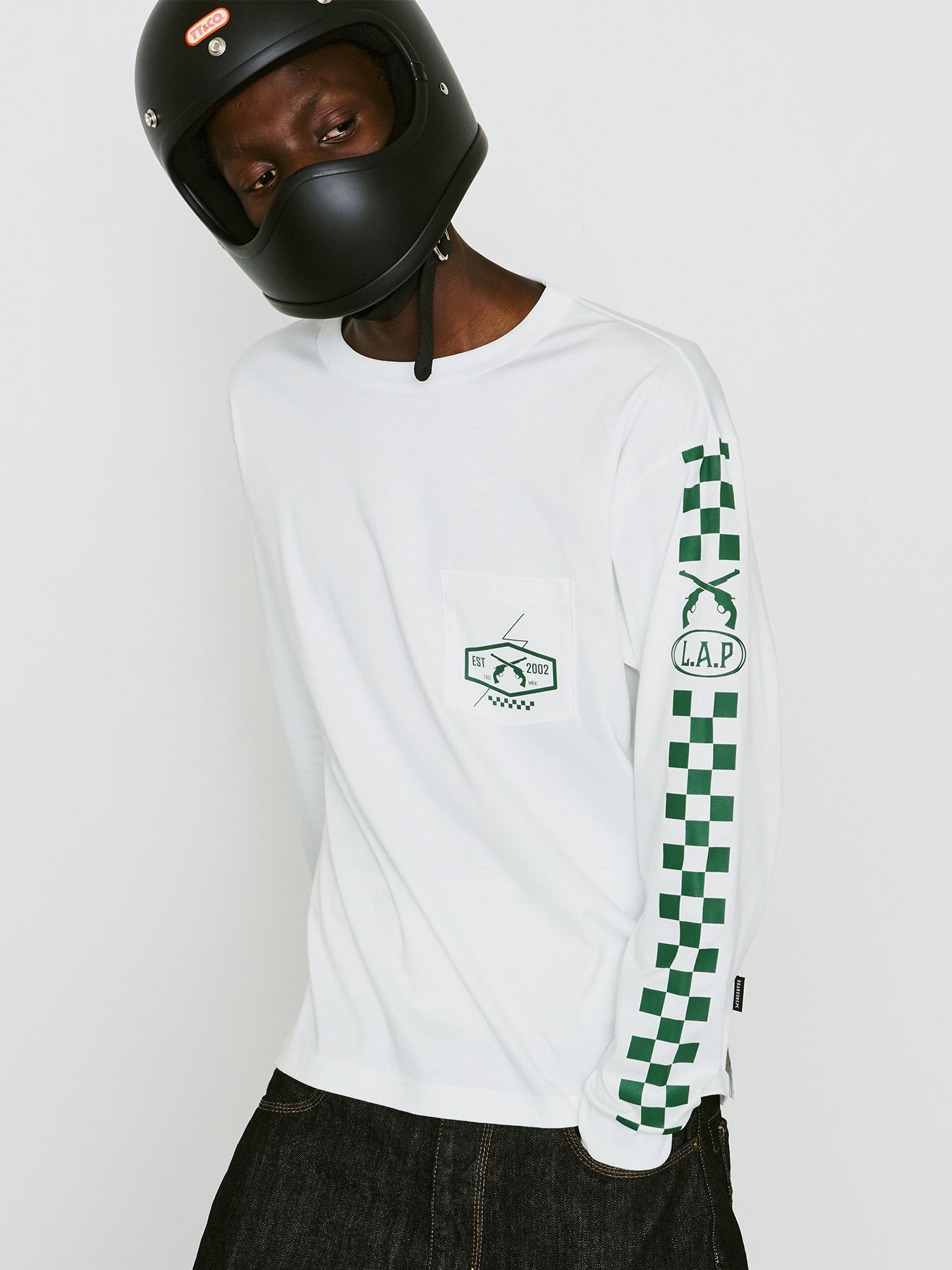 【予約品 8月10日(日) 締切 】CHECKER L/S T / チェッカー ロングスリーブ Tシャツ / ホワイト×グリーン