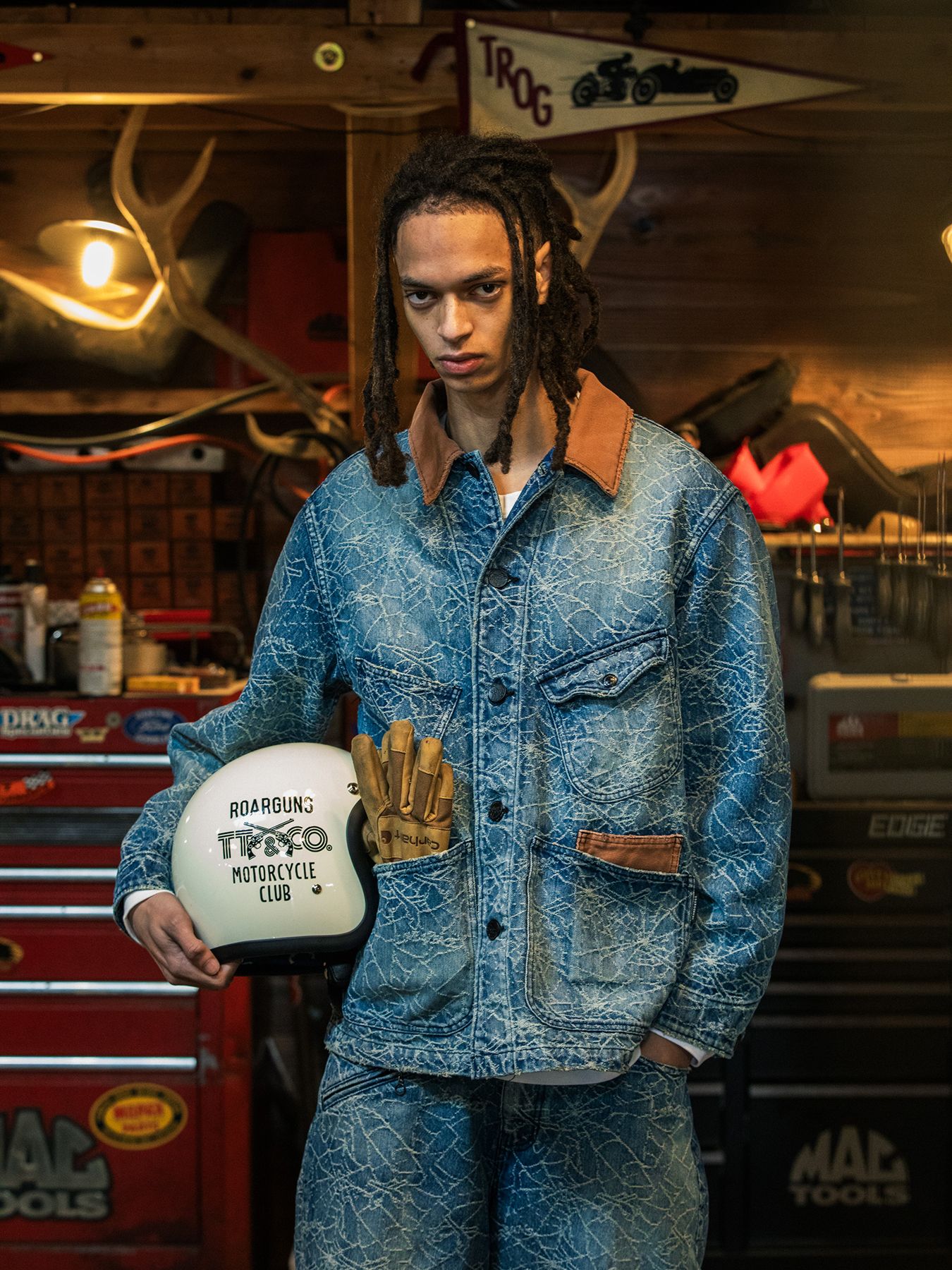 【予約品 3月9日(月) 18:00 締切】SPIDER JAQ DENIM JKT / スパイダー ジャガード デニム カバーオールジャケット / ブルー