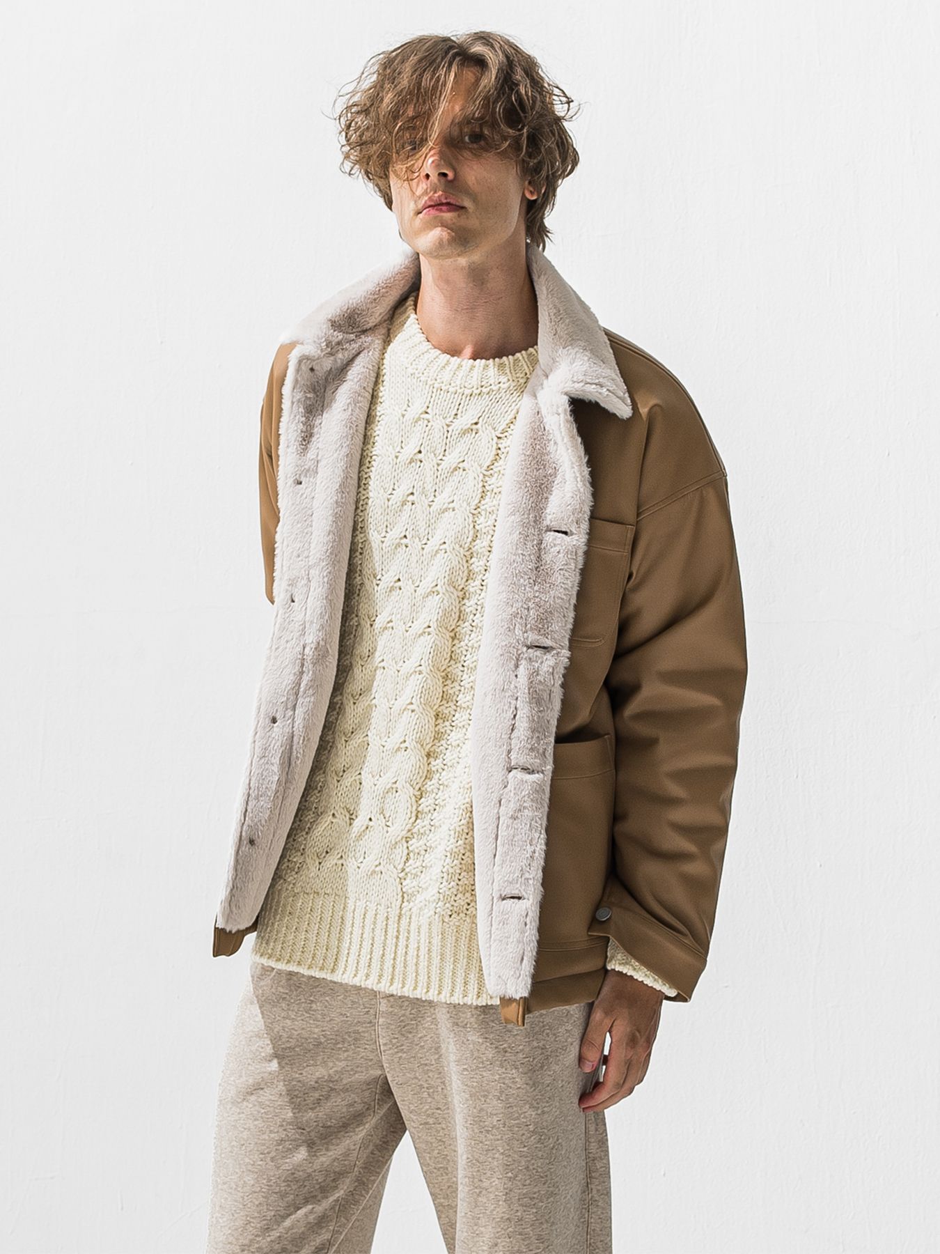 【予約品 9月6日(日) 締切】LEATHER FUR COVERALL / レザー ファー カバーオール / ベージュ