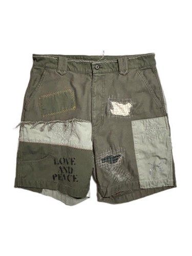 《予約品8月31日 23時55分締め》 DAMAGE SHORTS A スワロフスキー/ ハーフパンツ / カーキ 【roarguns 】 2024年2月入荷予定