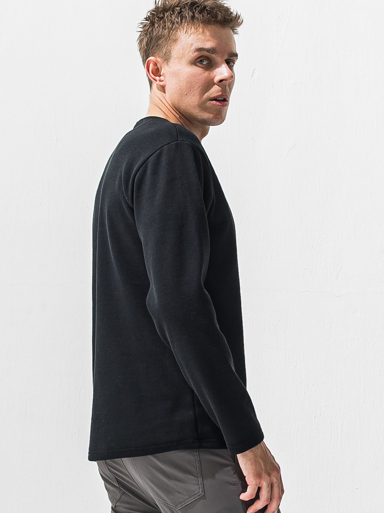 【予約品 9月6日(日) 締切】VELOURS FLEECE THERMAL HENRY / 裏起毛 ハニカムサーマル ヘンリーネック / ブラック