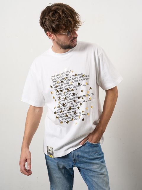 5.6ozコットン天竺  メッセージスター箔プリント SSシャツ / ホワイト