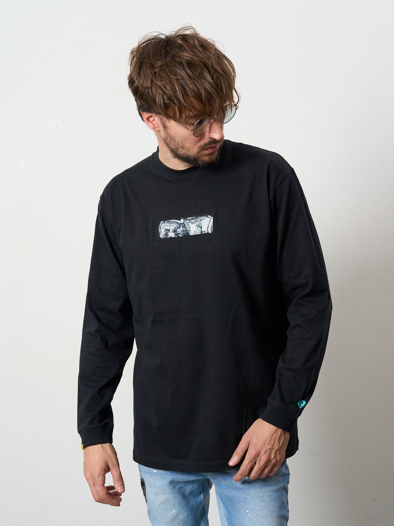 【予約品 5月8日(木) AM10時 締切】 5.6ozコットン天竺 スターグラムハート＆シークインLS Tシャツ / ブラック