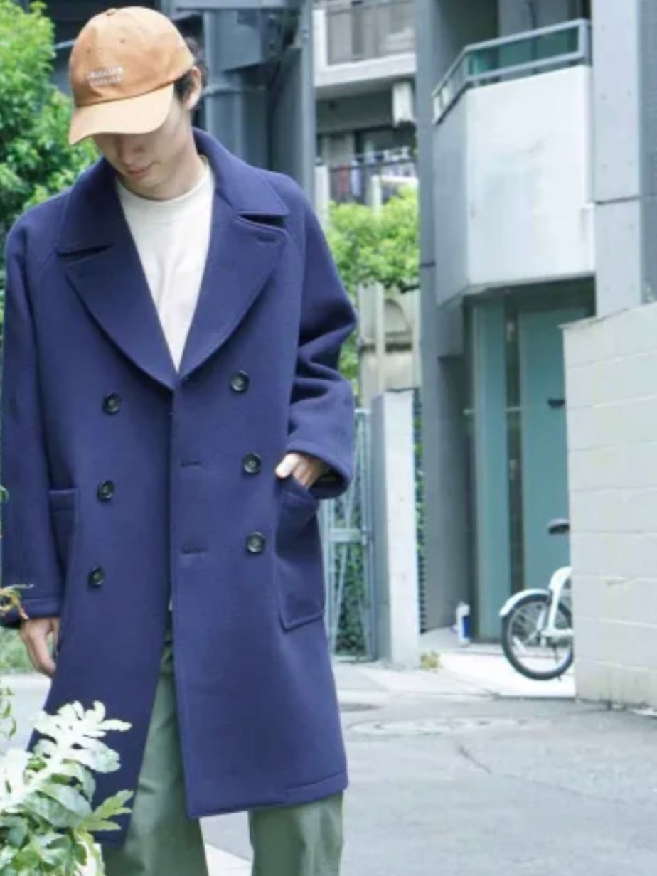 ウールモッサダブルオーバーコート NAVY 裏地ボアファー
