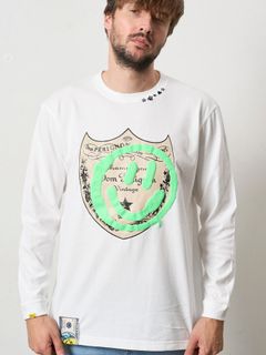 【予約品 5月8日(木) AM10時 締切】 5.6ozコットン天竺 ラベルスマイル発泡プリントLS Tシャツ / ホワイト