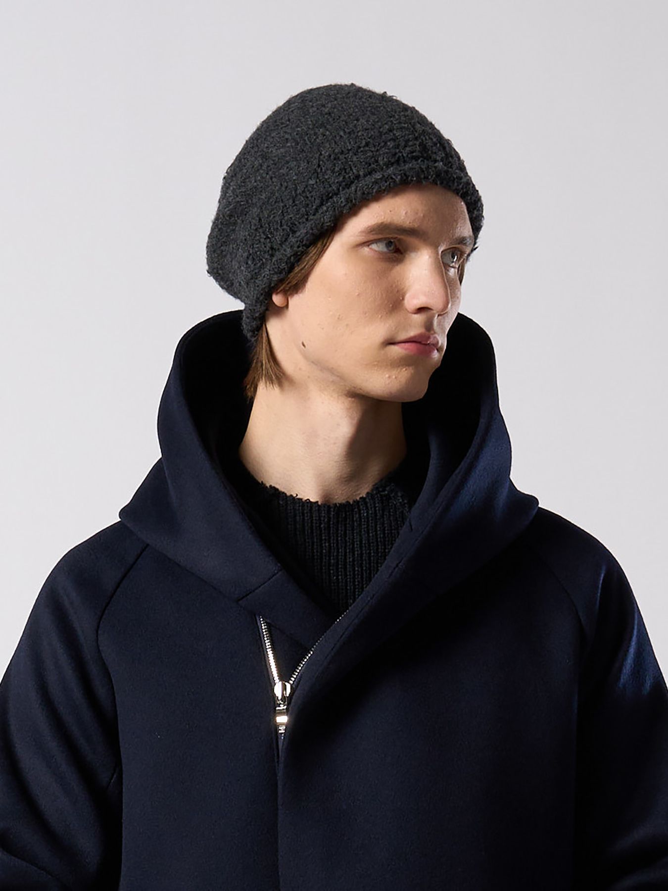 【予約品 4月19日(日) 18時締切】fancy yarn roll beanie / バルーン型ニットキャップ / チャコール