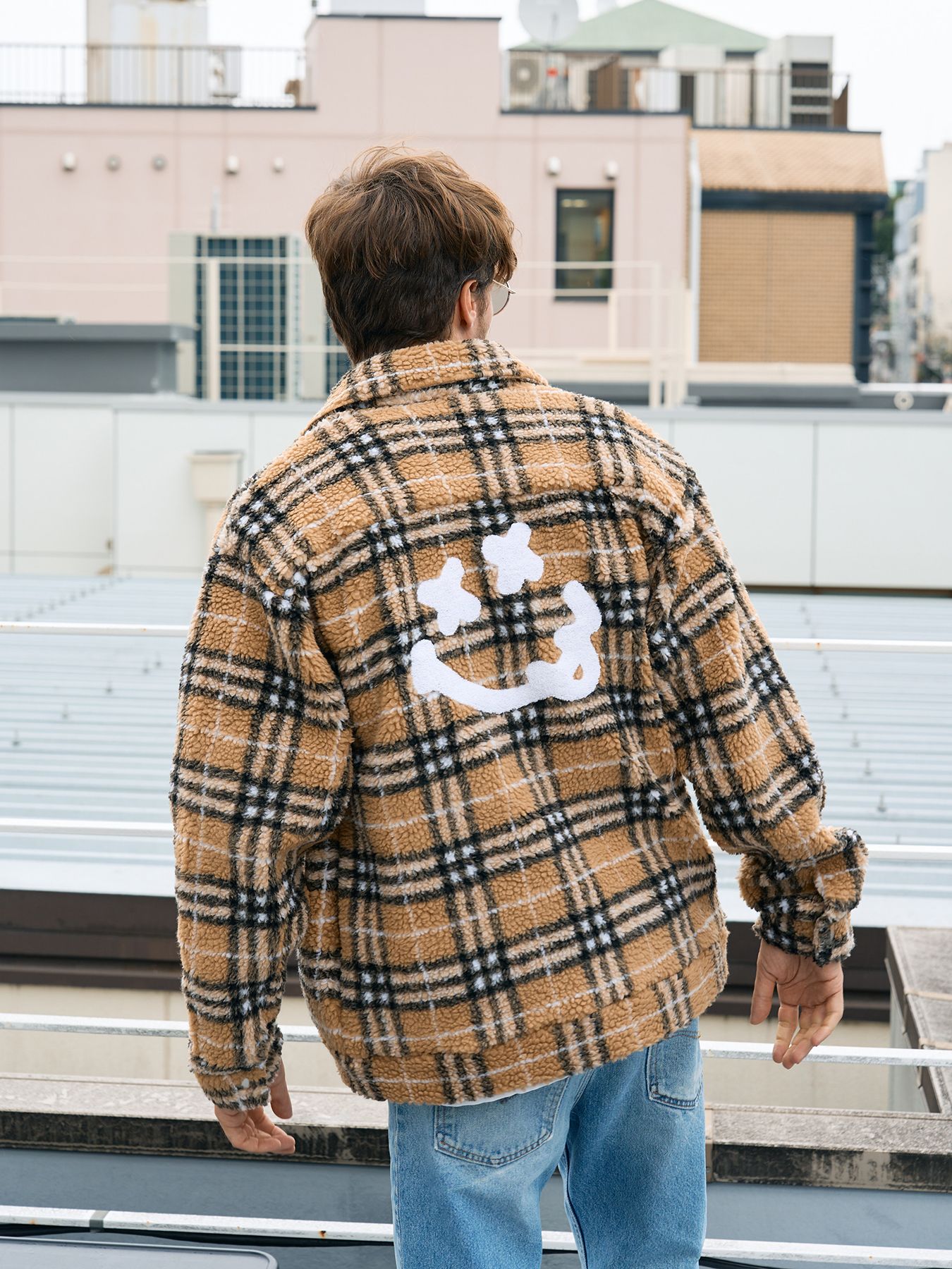 【予約品 】 ブロックチェックムックボア サガラパッチワークブルゾン / ベージュ
