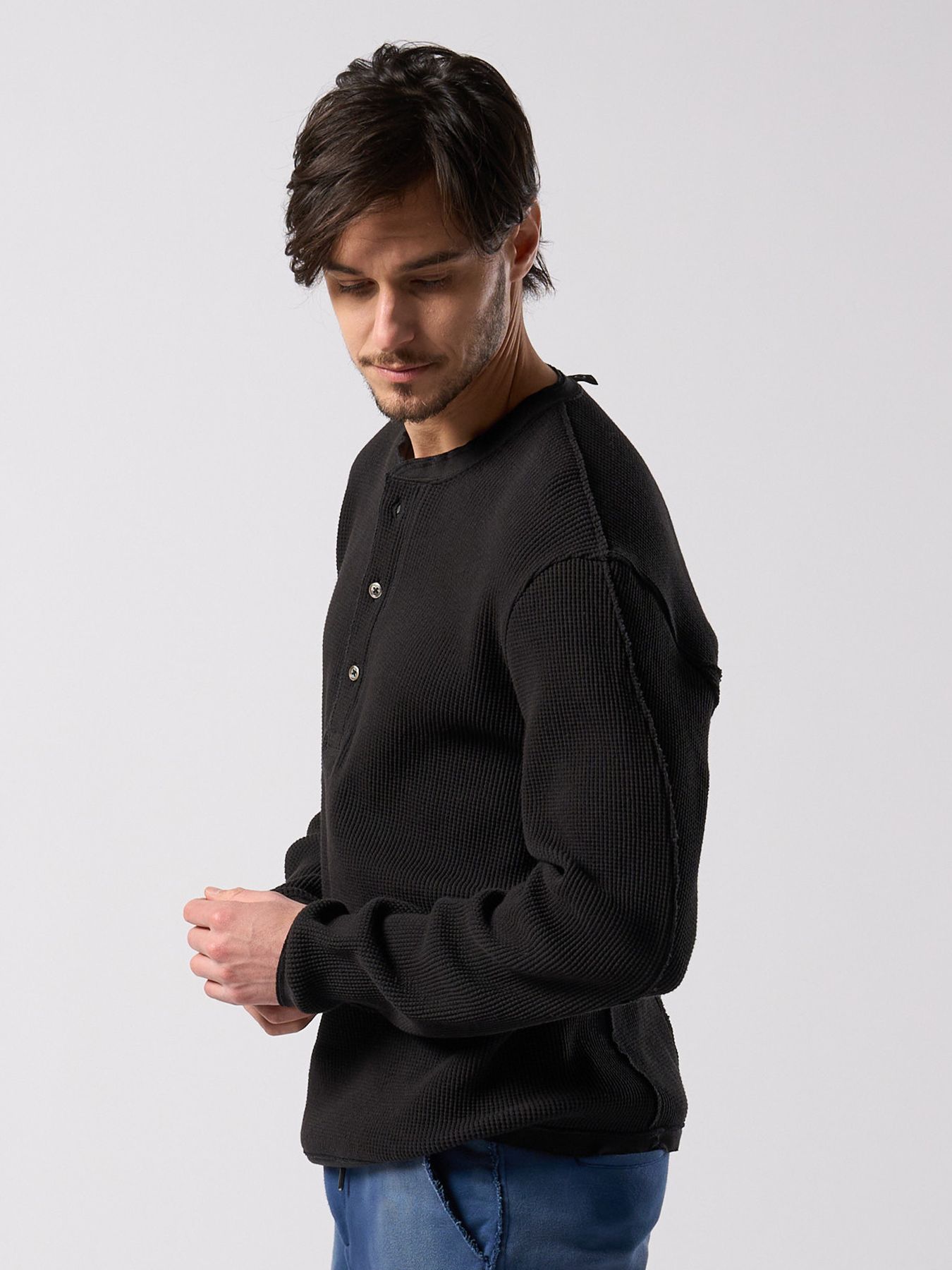 【予約品 4月19日(日) 18時締切】waffle henley L/S / ワッフル ヘンリーネック ロングスリーブ / ブラック