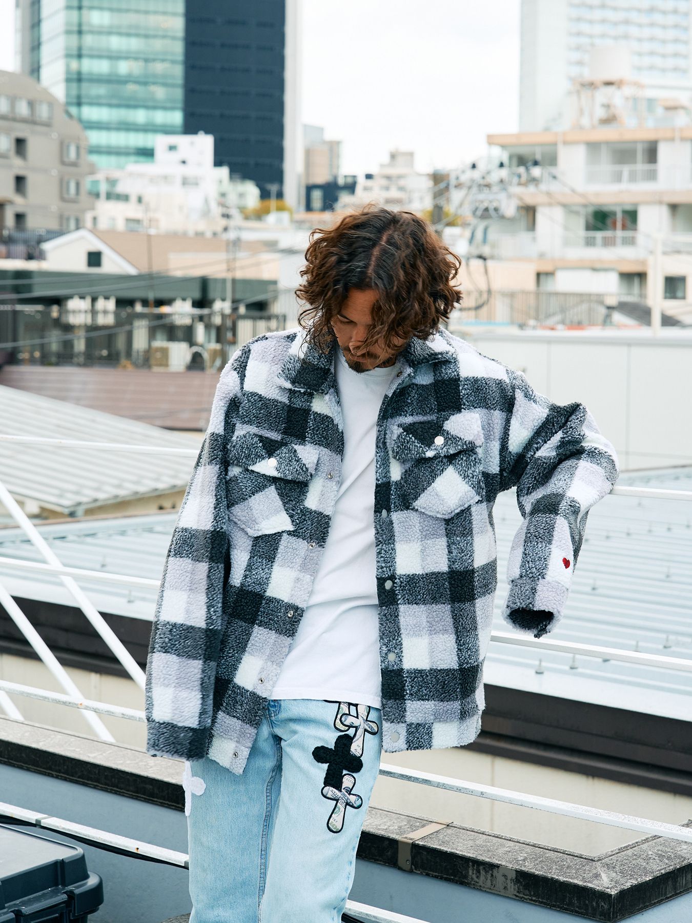 【予約品 】 ブロックチェックムックボア サガラパッチワークブルゾン / M.グレー