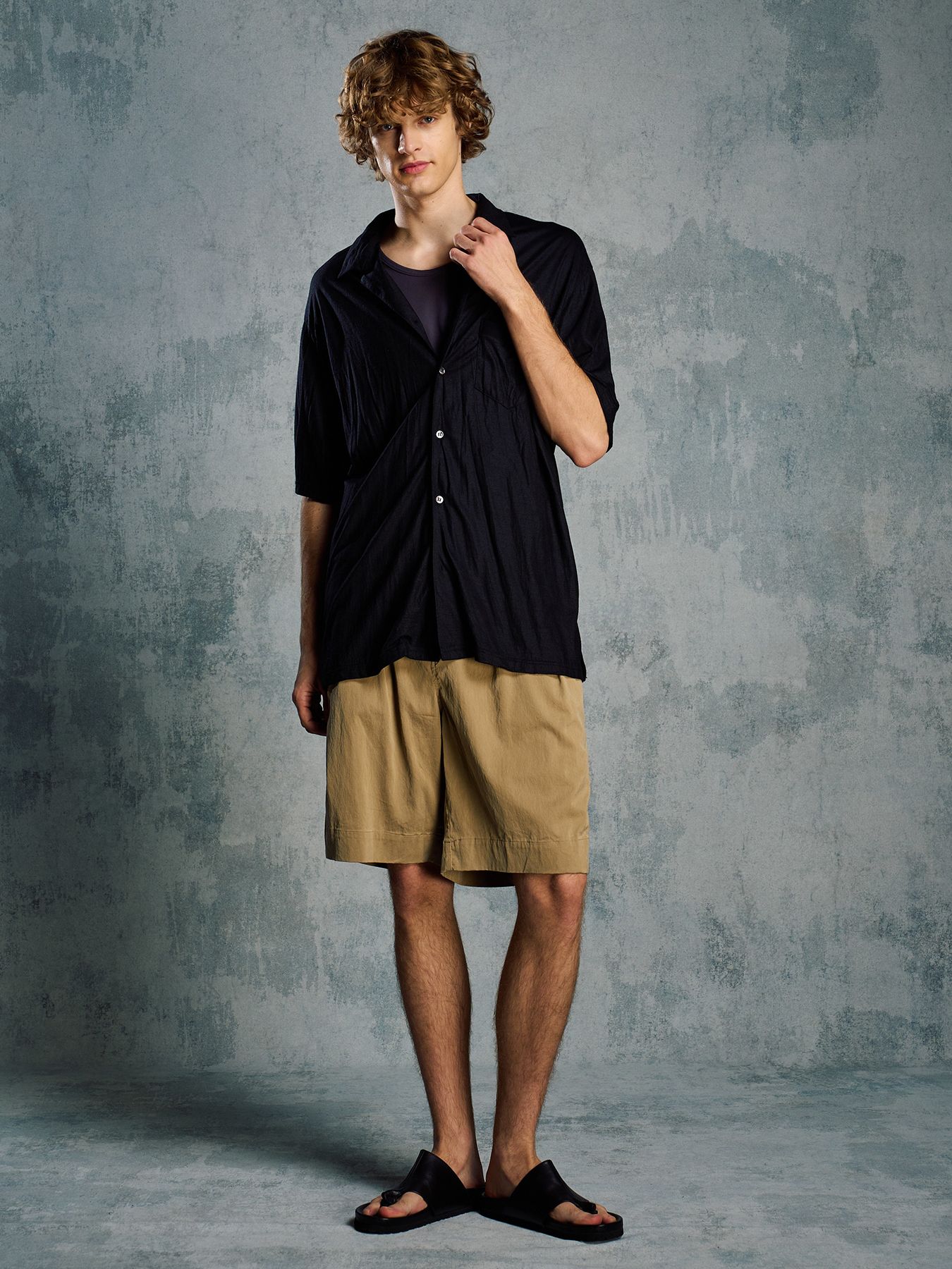 【予約品 1月25日(日) 締切】ex.comfy wool open collar shirt / サマーウール オープンカラーシャツ / ブラック