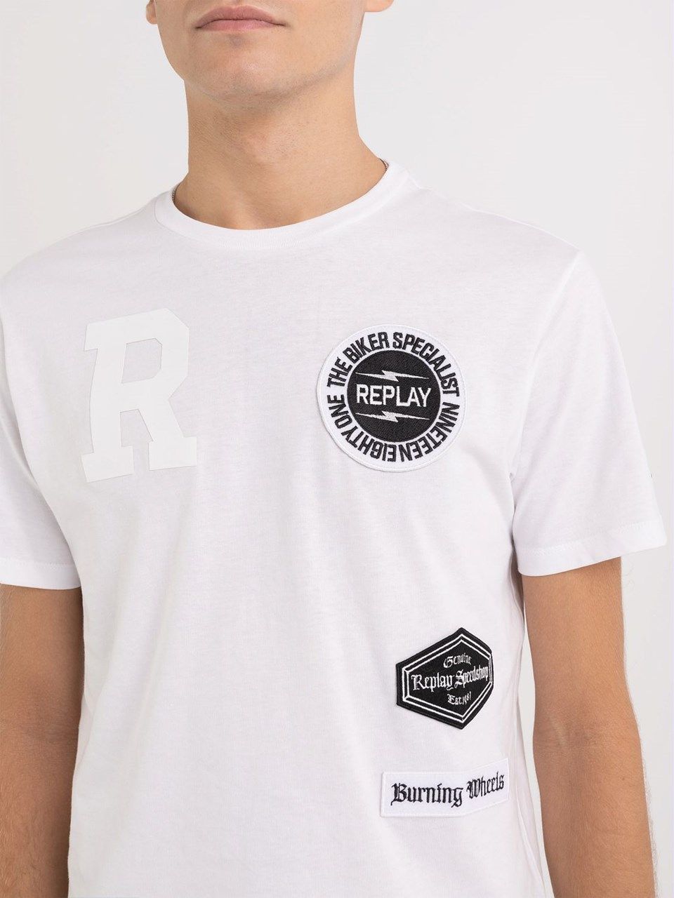 REPLAY - T-SHIRT WITH PRINTS AND BIKER PATCH / バイカー