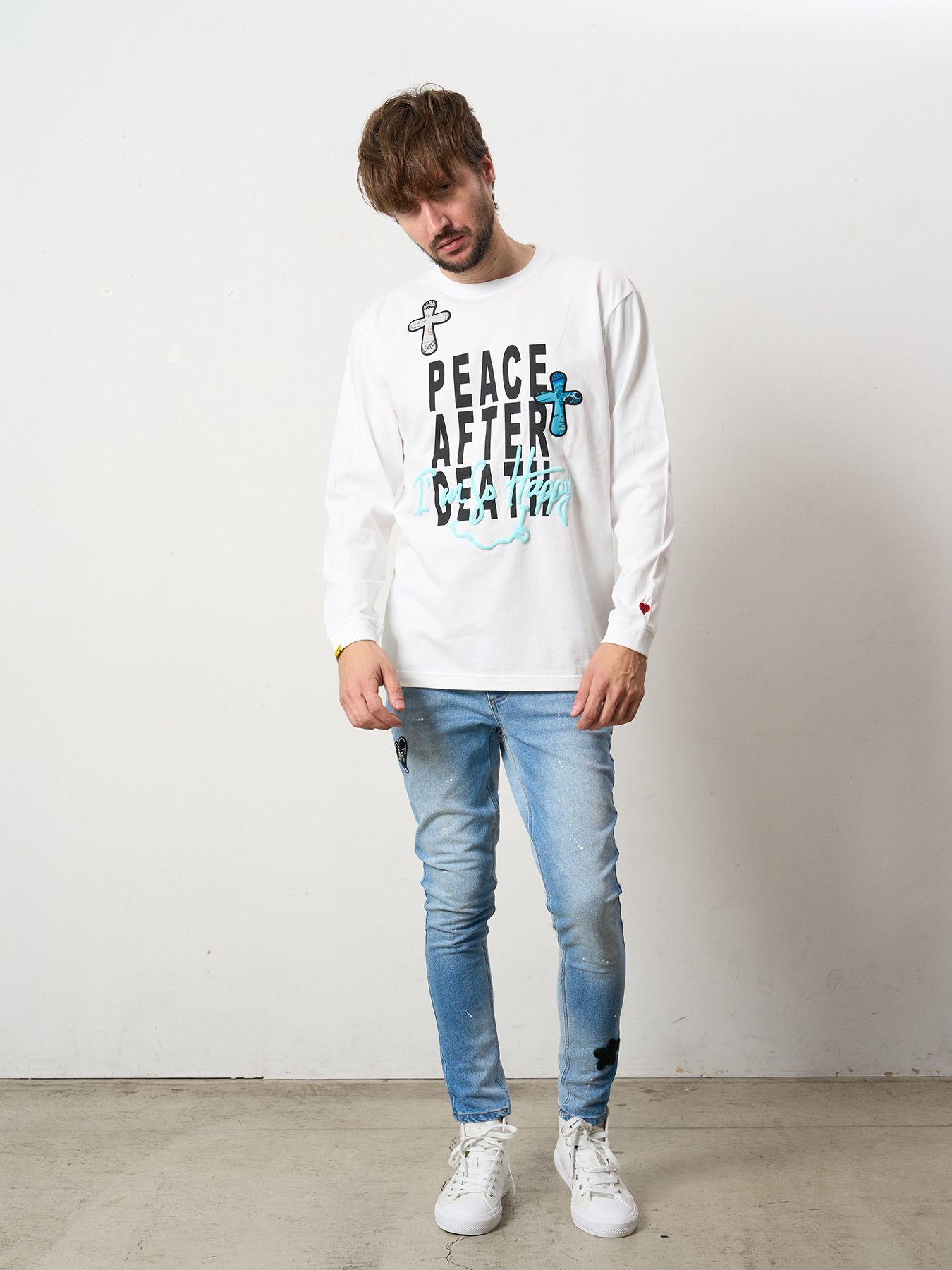 【予約品 5月8日(木) AM10時 締切】 5.6ozコットン天竺 PEACE AFTER DEATH&クロスパッチワーク LS Tシャツ / ホワイト