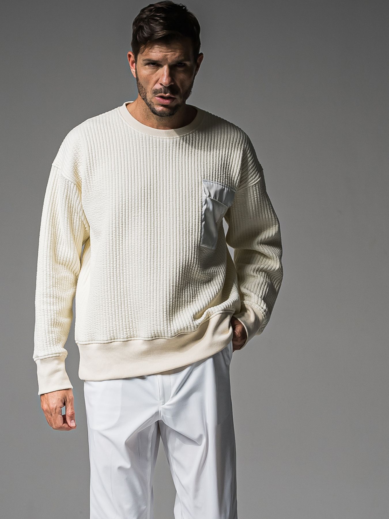 【予約品 】STRIPE QUILTING DROP TRAINER / ストライプキルティング ルーズトレーナー / オフ