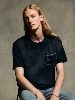 【予約品 9月23日(火) 締切】spray dye leather pocket-T / スプレーダイ レザーポケットTシャツ / ブラック×シルバー