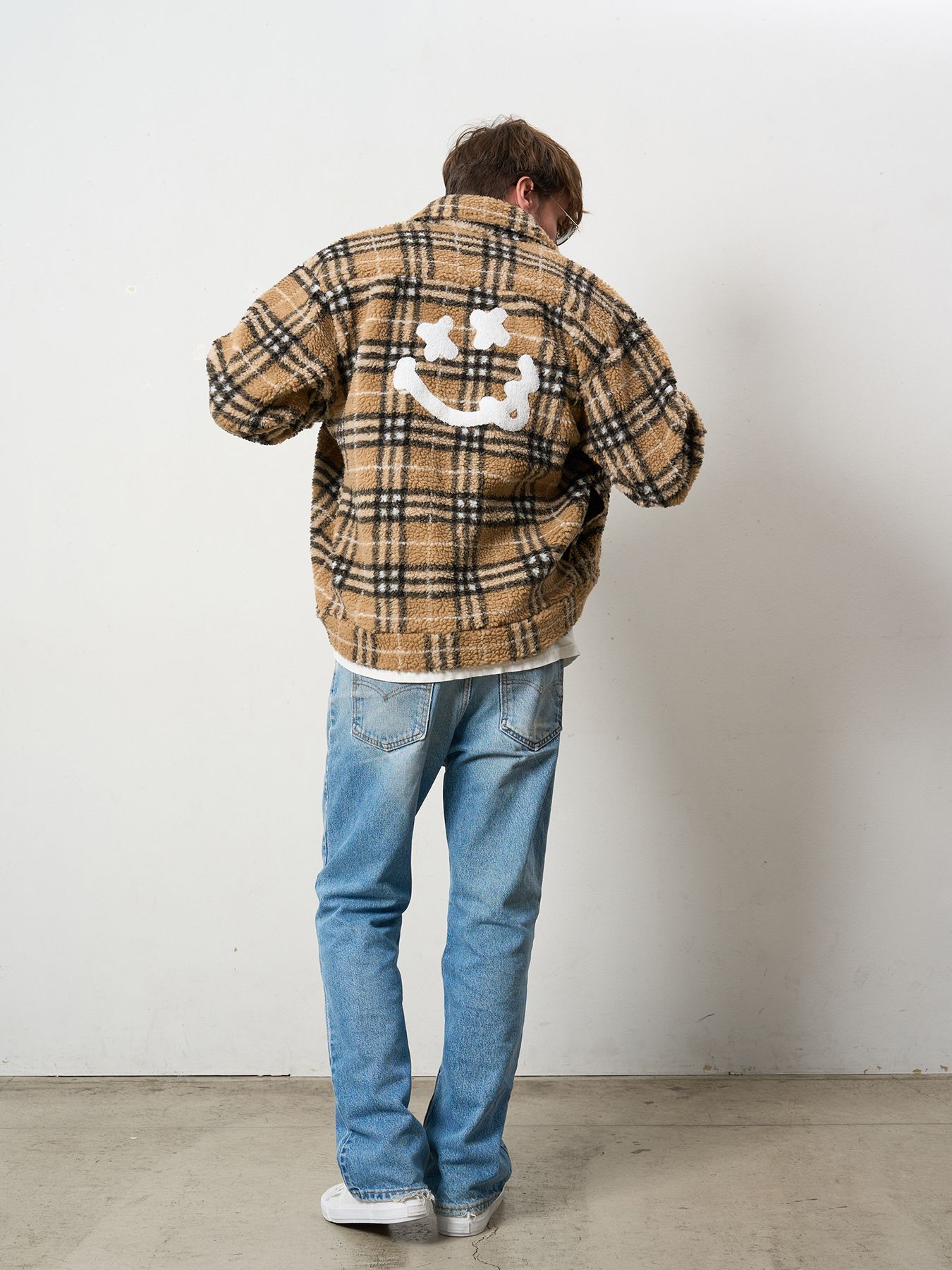 【予約品 】 ブロックチェックムックボア サガラパッチワークブルゾン / ベージュ