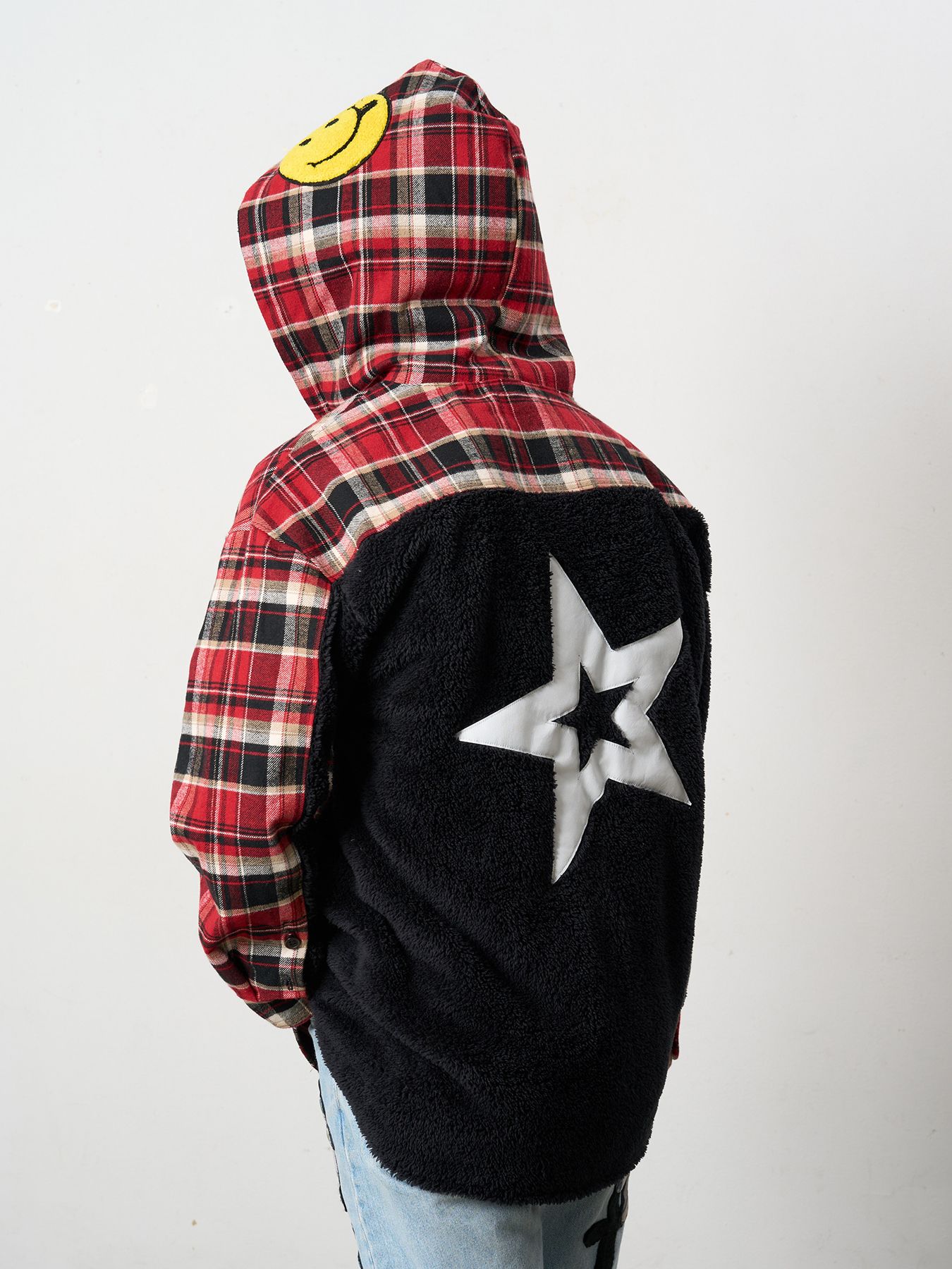 【予約品 】 ヘビーネルチェック-ボア レザースター&サガラパッチワーク フーデッドシャツ / ブラック