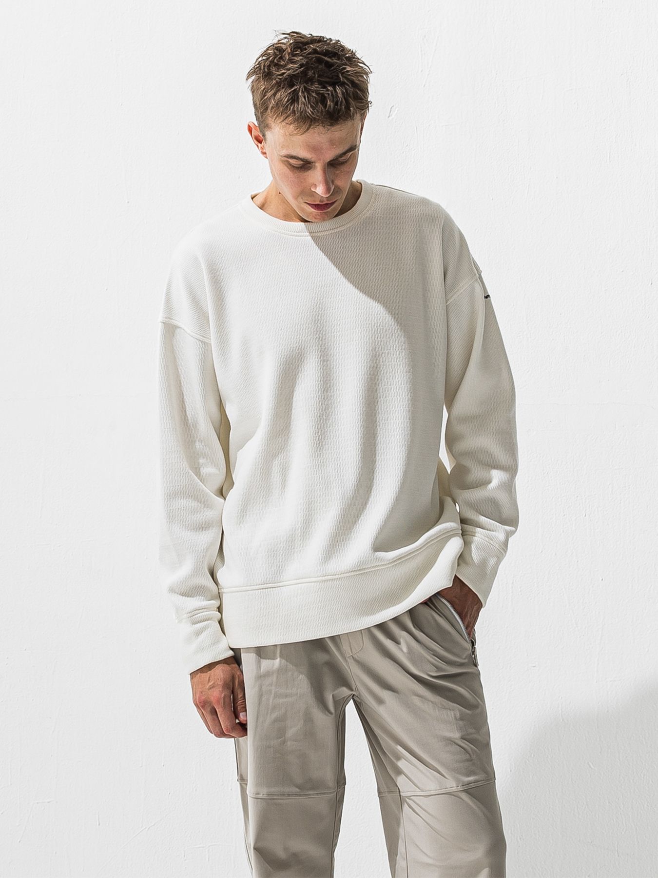 【予約品 9月6日(日) 締切】VELOURS FLEECE THERMAL LOOSE TRAINER / 裏起毛 ハニカムサーマル ルーズトレーナー / ホワイト