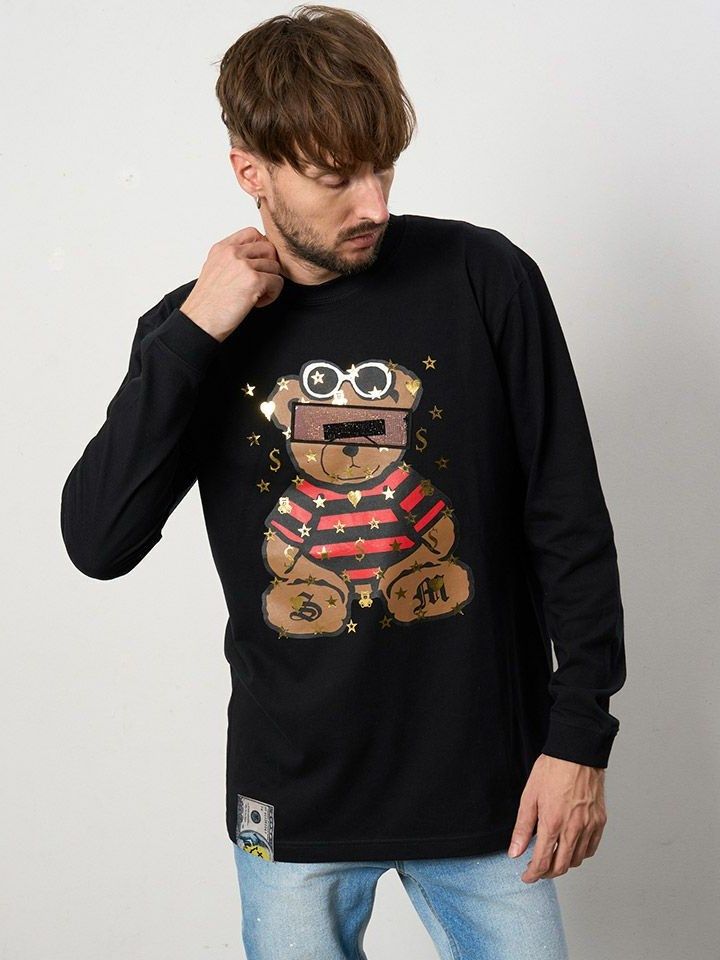 5.6ozコットン天竺 MADGEシークインLS Tシャツ / ブラック 【STUD MUFFIN(スタッドマフィン)】