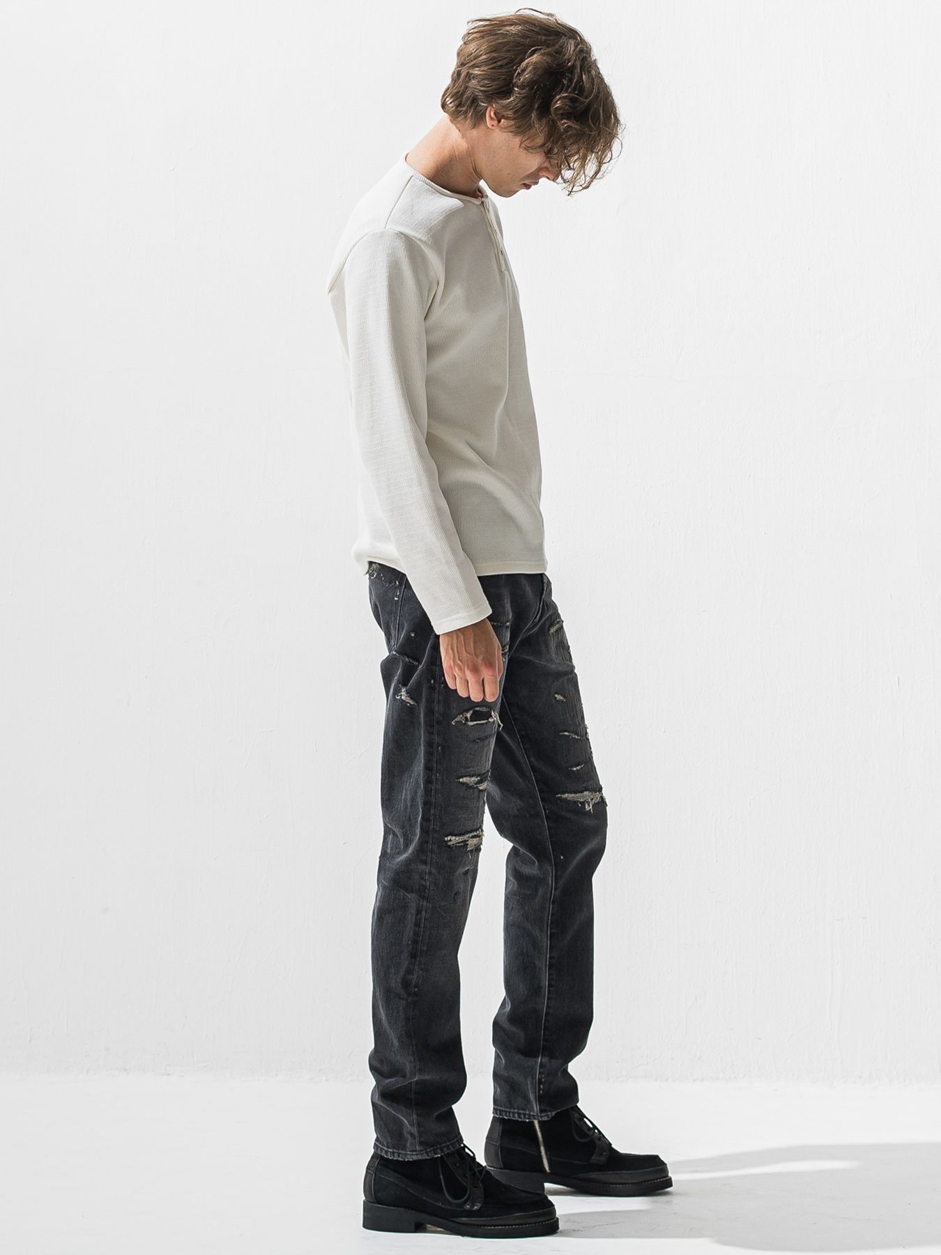 【予約品 9月6日(日) 締切】VELOURS FLEECE THERMAL HENRY / 裏起毛 ハニカムサーマル ヘンリーネック / ホワイト