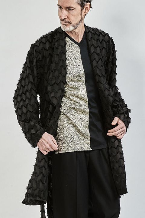 Fringe cut jacquard shawl collar shirt gown / BLACK 【ys Yuji SUGENO】