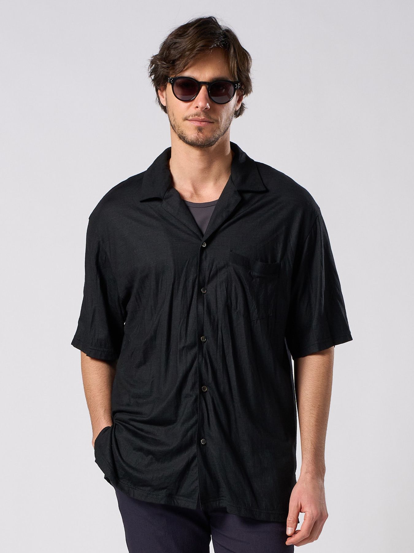 【予約品 1月25日(日) 締切】ex.comfy wool open collar shirt / サマーウール オープンカラーシャツ / ブラック