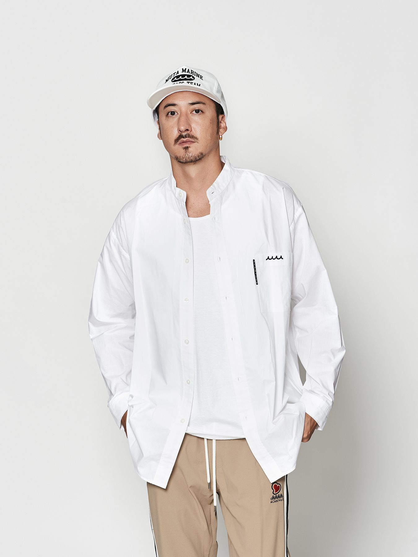 【予約品 10月9日(木) 締切】muta Oversized Band Collar Shirt / バンドカラーシャツ / ホワイト【Acanthus × muta MARINE】