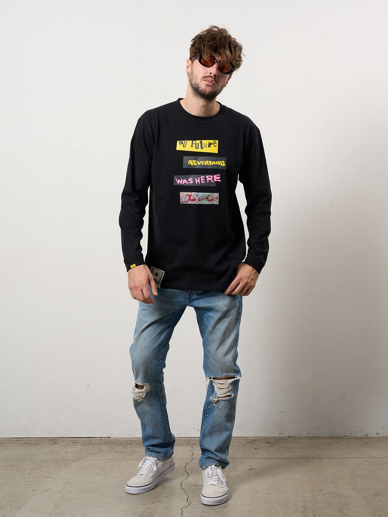 【予約品 10月16日(木) 締切】5.6ozコットン天竺 タイトルボックスシークイン LSシャツ / ブラック