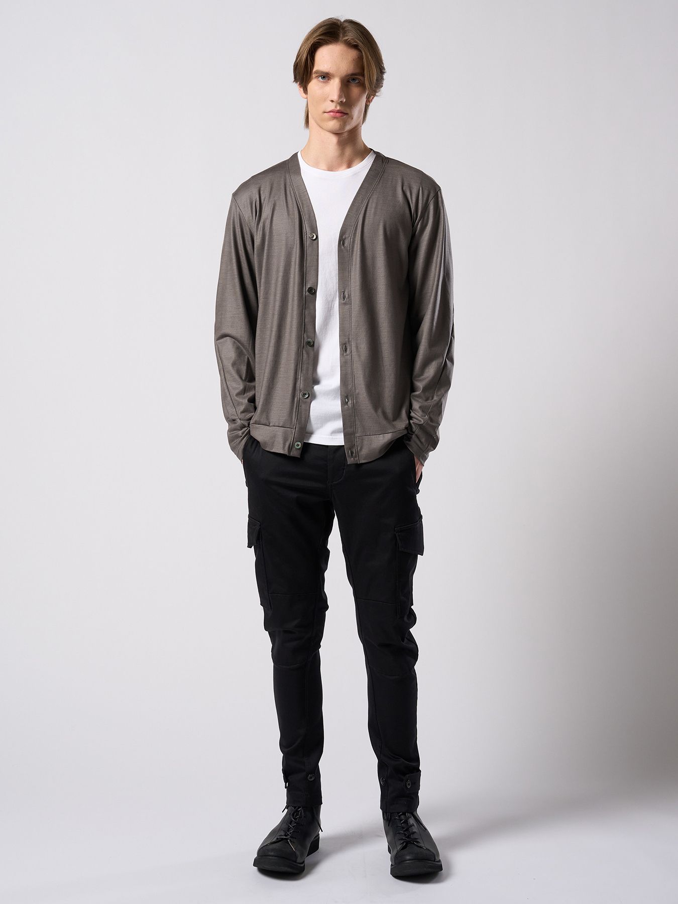 【予約品 4月19日(日) 18時締切】ex.comfy wool middle cardigan / メリノウールジャージー カーディガン / スチールグレー