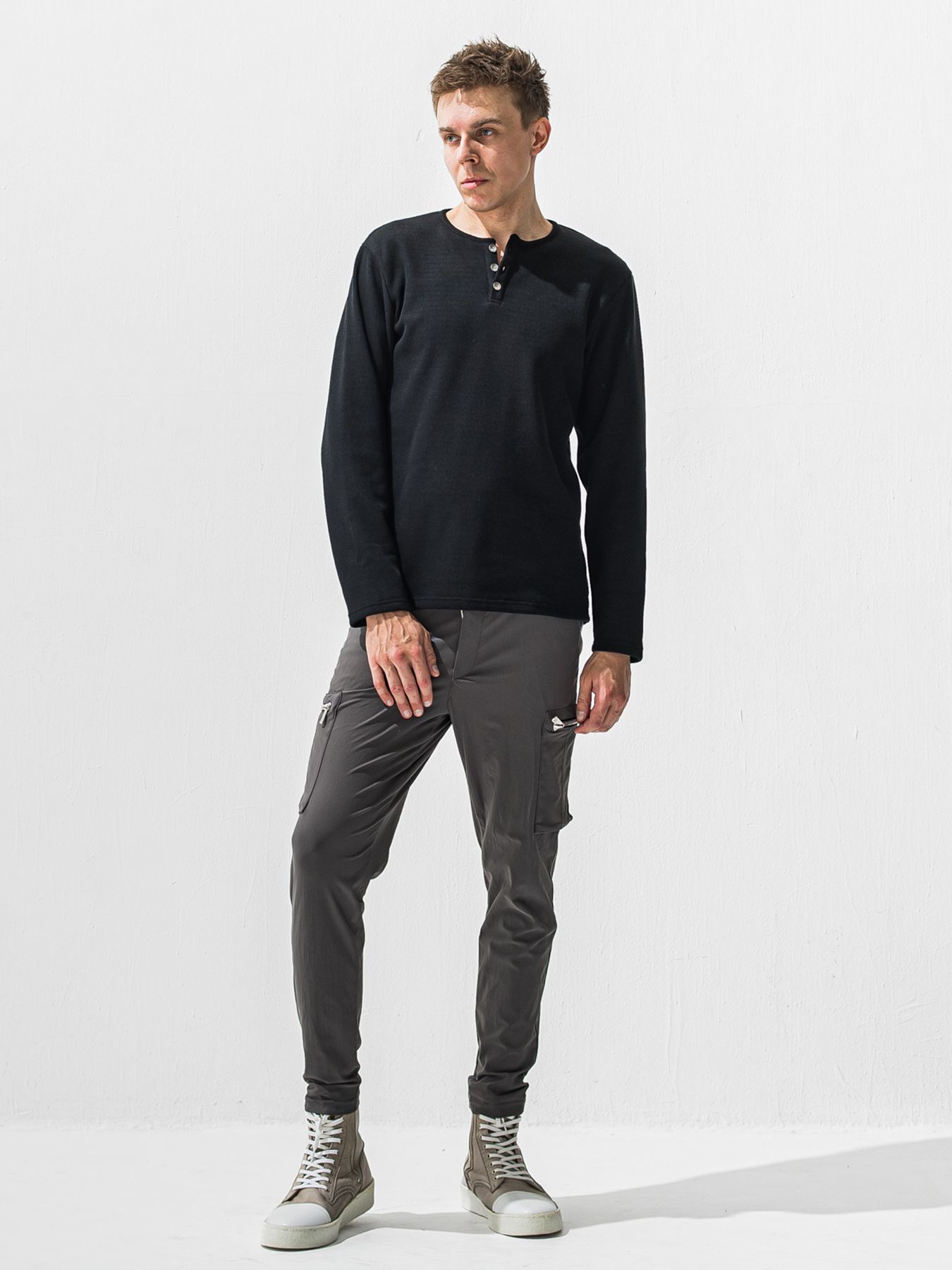 【予約品 9月6日(日) 締切】VELOURS FLEECE THERMAL HENRY / 裏起毛 ハニカムサーマル ヘンリーネック / ブラック