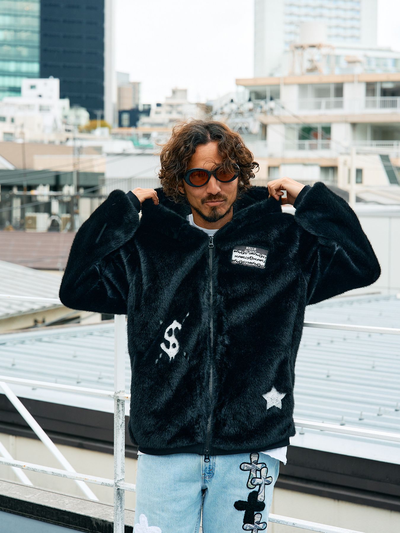 【予約品 】 ECOファー マルチパッチワークビックジップワイドパーカー / ブラック