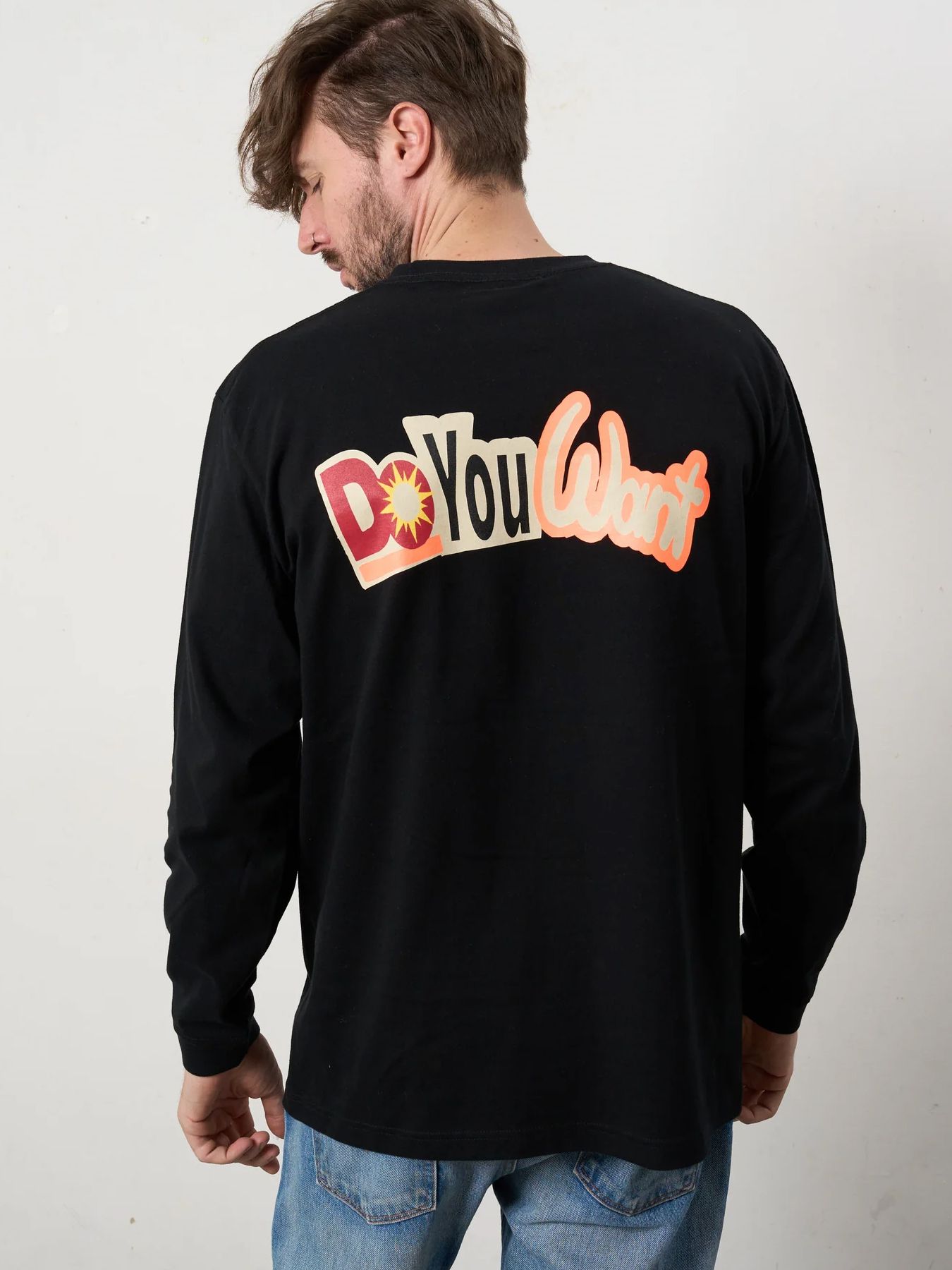 5.6ozコットン天竺 DO YOU WANT シークイン LS Tシャツ / ブラック