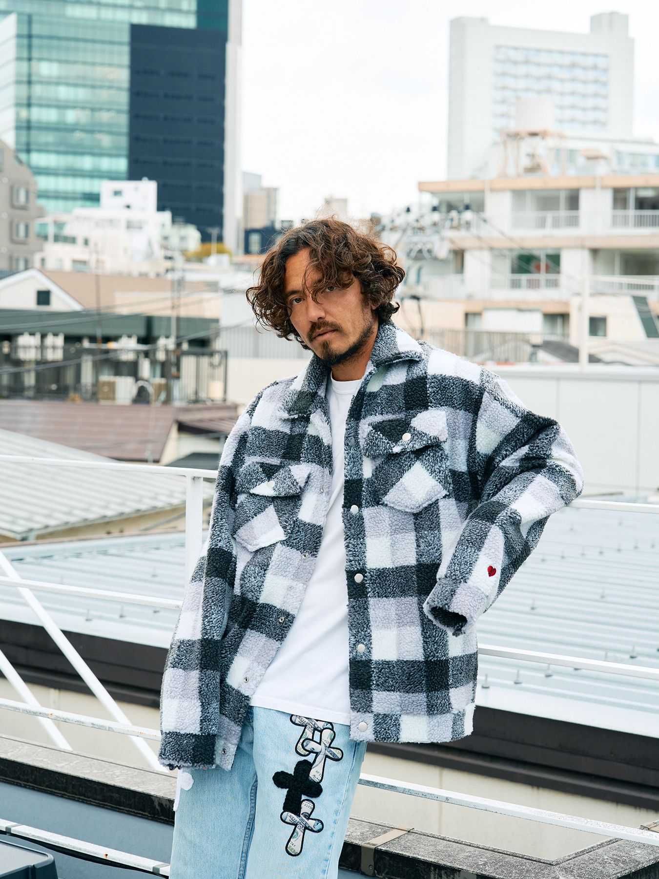 【予約品 】 ブロックチェックムックボア サガラパッチワークブルゾン / M.グレー