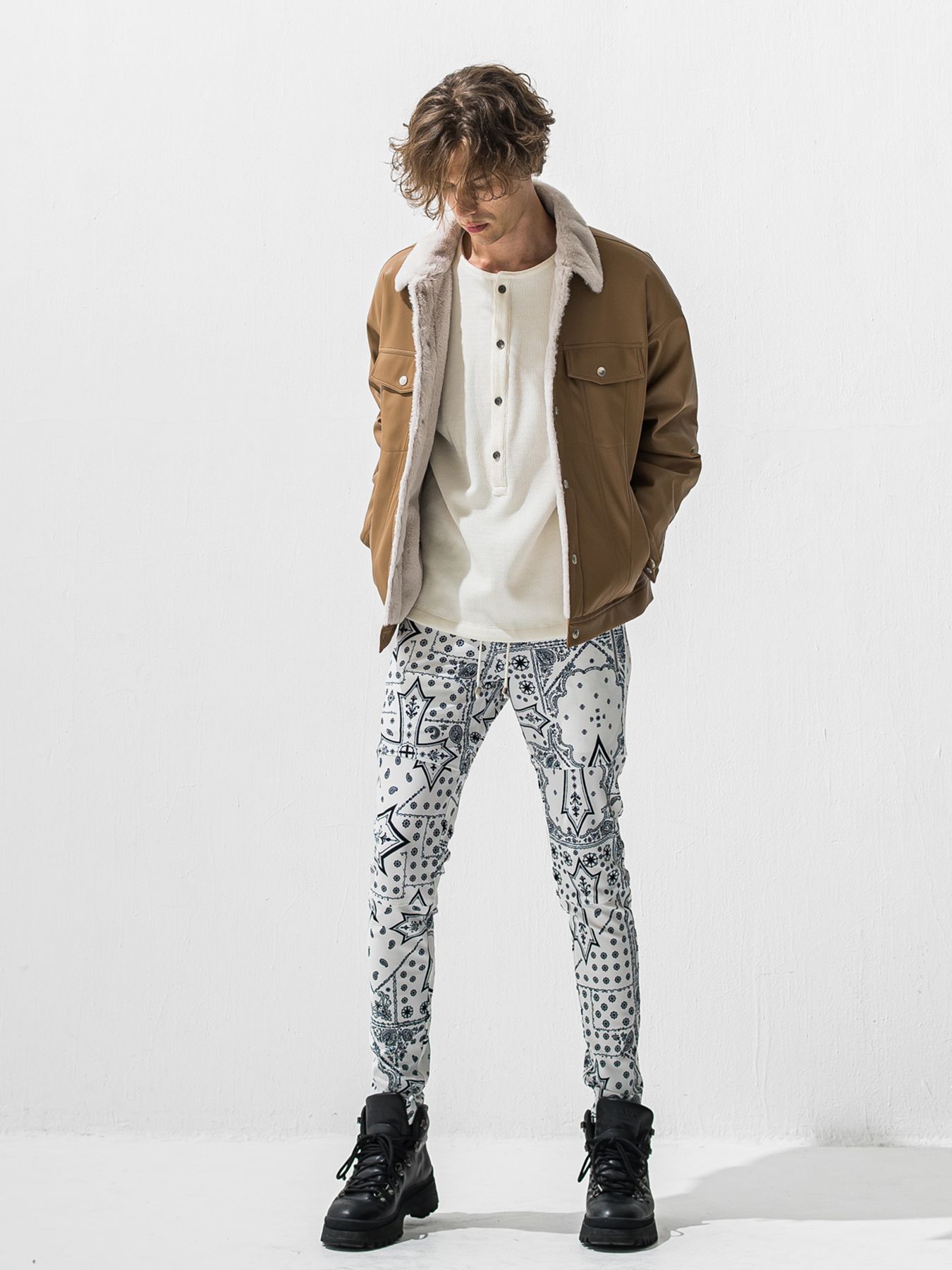 【予約品 9月6日(日) 締切】OVER HENRY VELOURS FLEECE THERMAL / 裏起毛 ハニカムサーマル オーバーサイズヘンリーネック / ホワイト