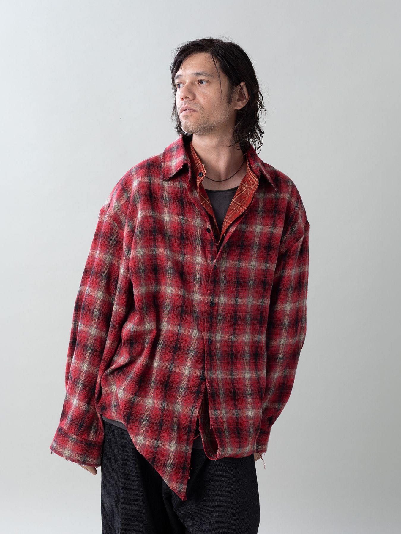 【予約品 5月27日(水) 締切】DOUBLE-SHIRTS damage / ダメージ加工 レイヤードシャツ / レッド系