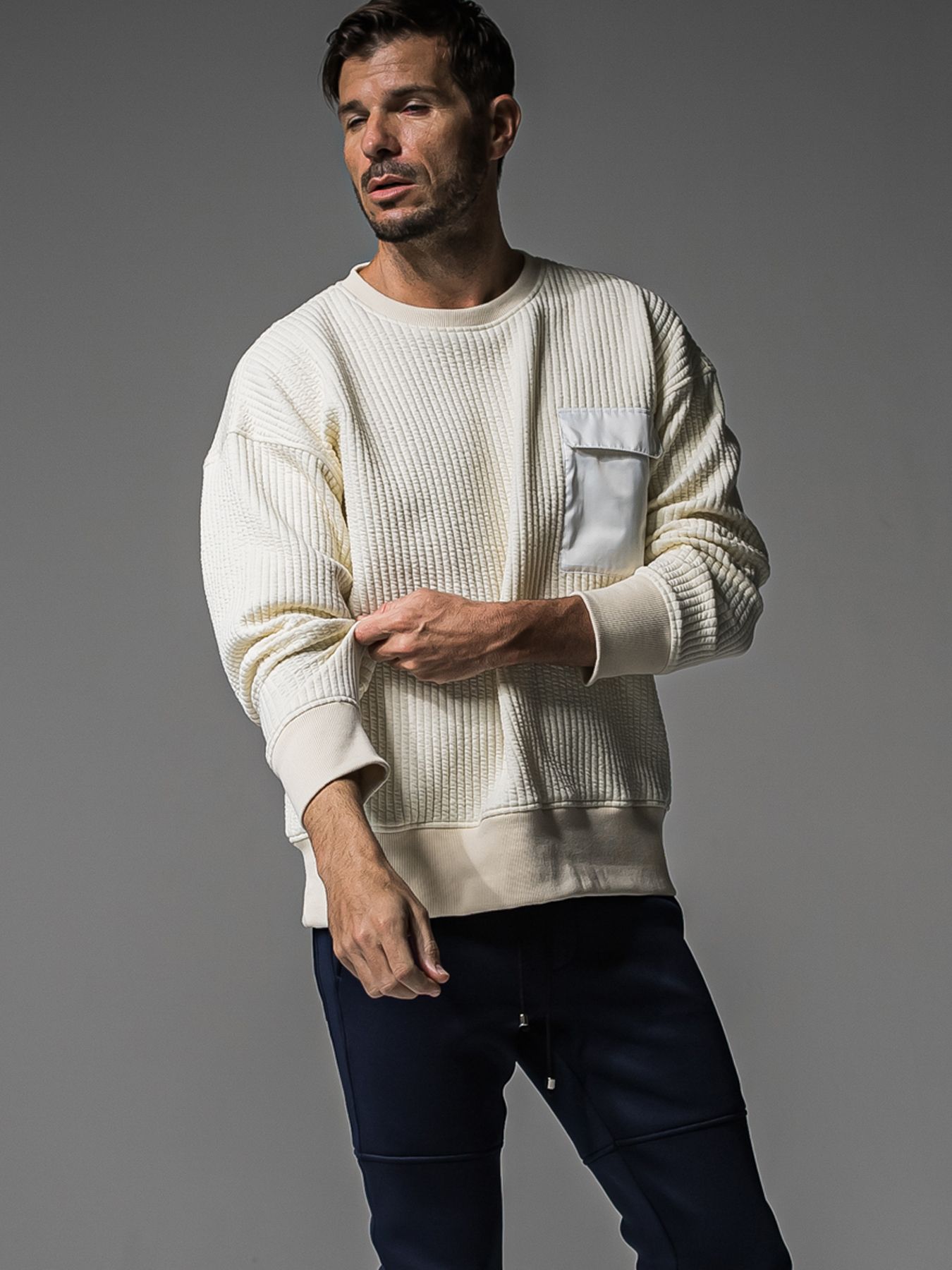 【予約品 】STRIPE QUILTING DROP TRAINER / ストライプキルティング ルーズトレーナー / オフ