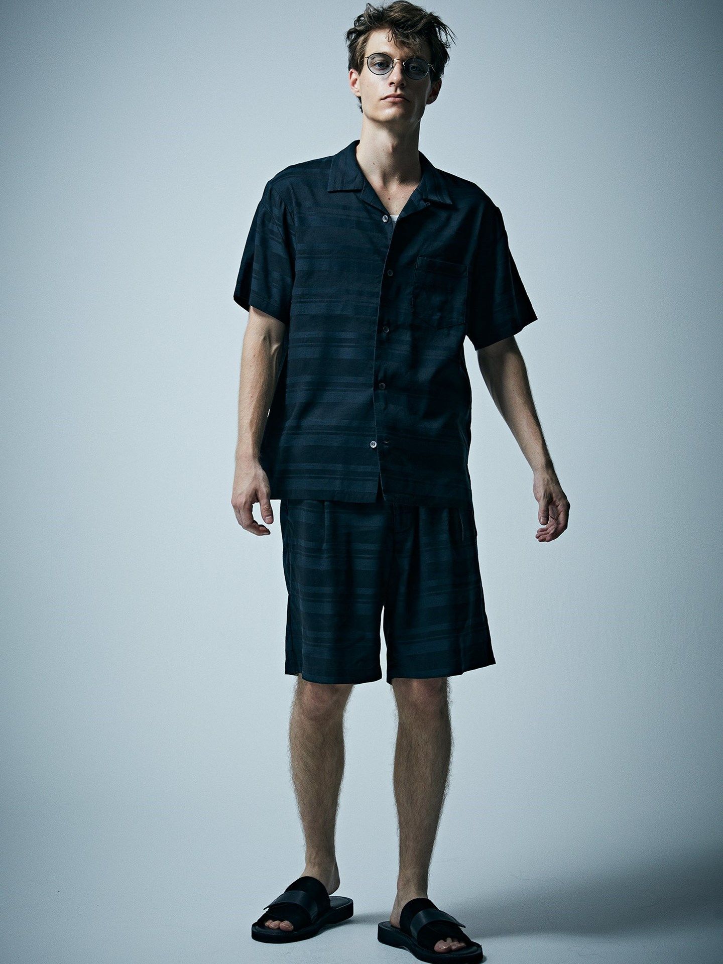 レーヨン コットンラミー ストライプ H/S 開襟シャツ  / Open Collar Shirt / ブラック 【STRUM】2024年2月入荷予定