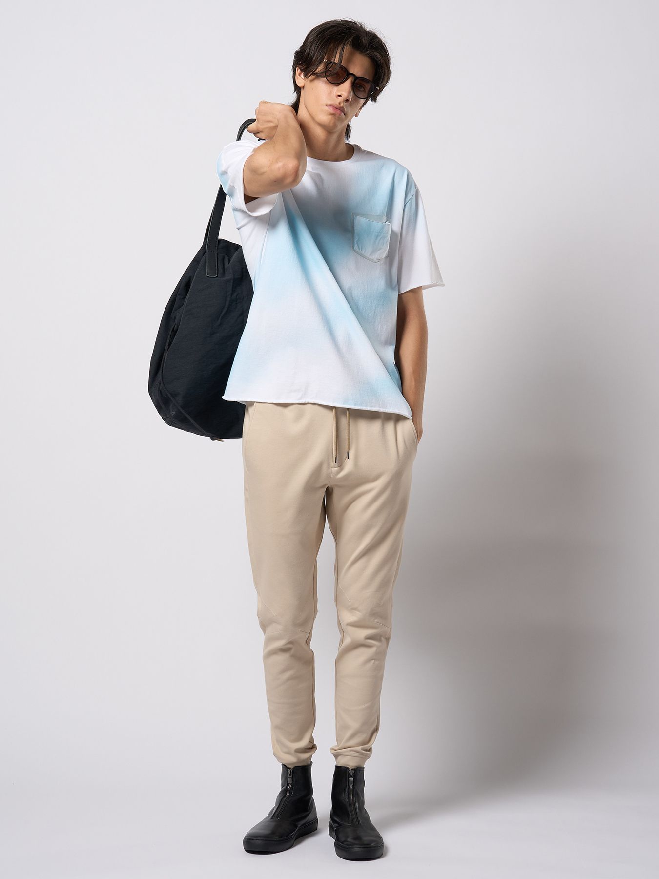 【予約品 9月23日(火) 締切】spray dye leather pocket-T / スプレーダイ レザーポケットTシャツ / ホワイト×ブルー