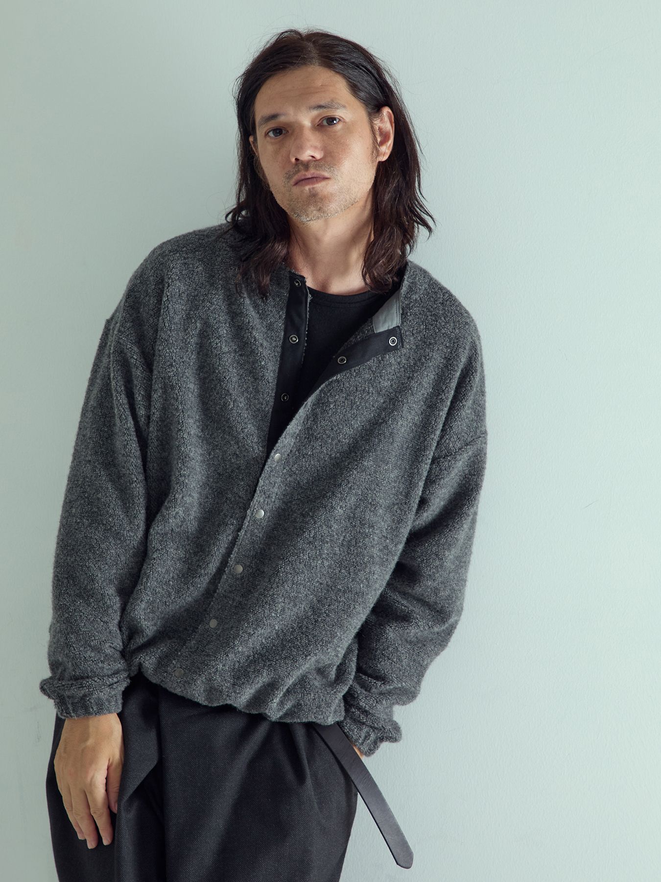 【予約品 】WOOLSNAP / ウールパイル カーディガン / 杢グレー