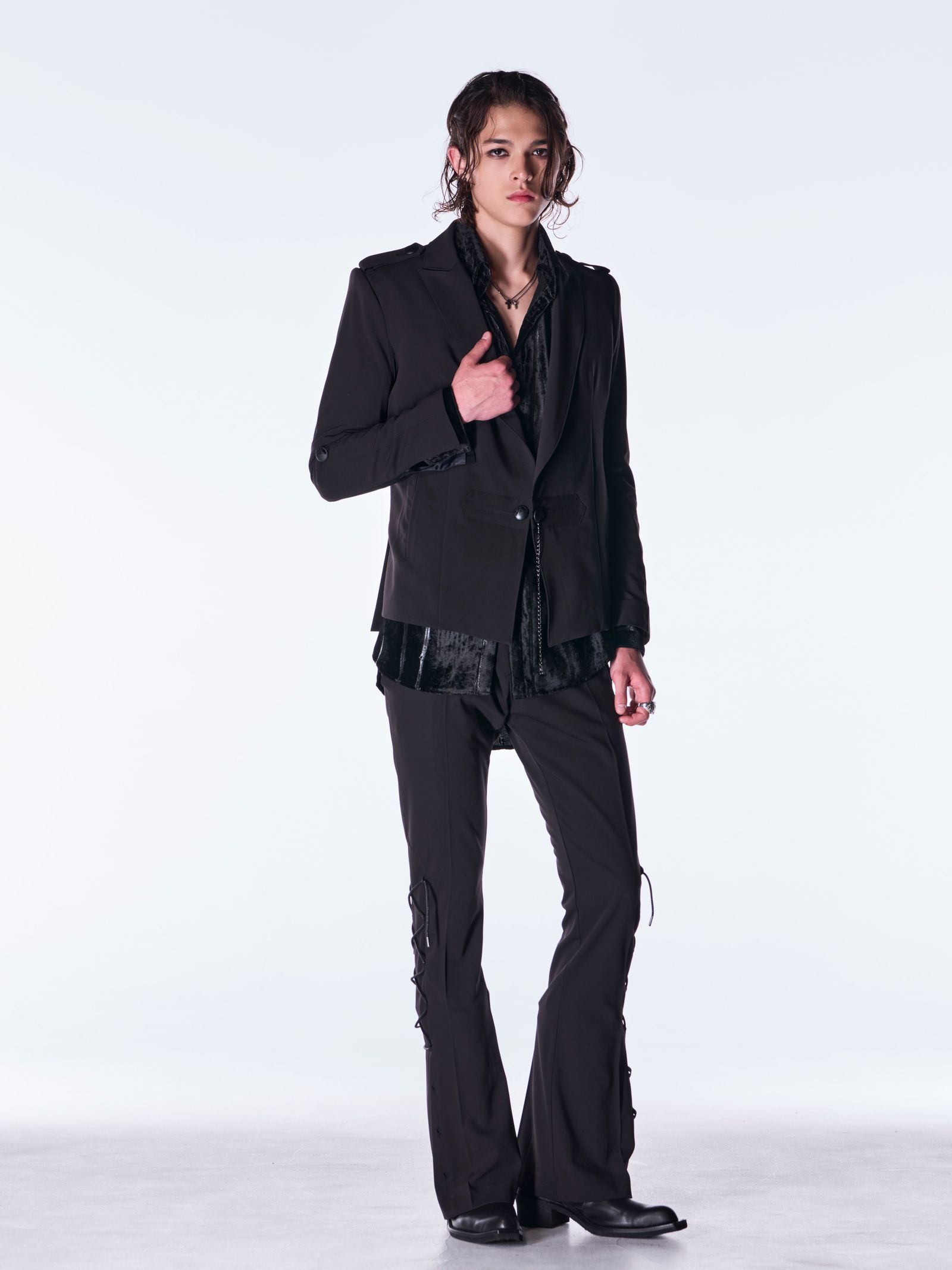 【予約品 6月29日(月) 締切】PE Gabardine Lace Up Flare Slacks / レースアップ フレアスラックス / ブラック