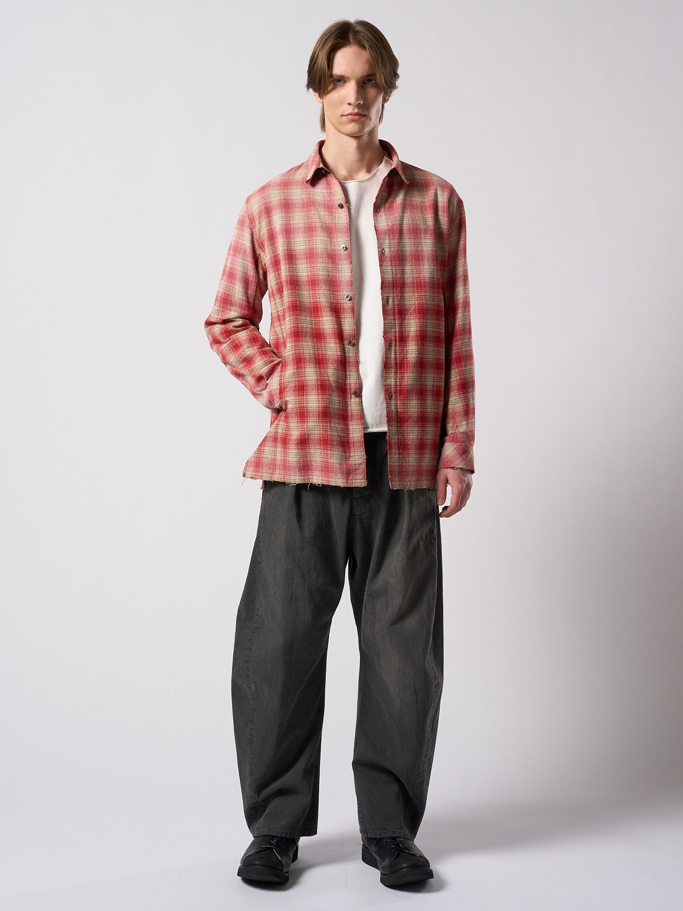 【予約品 4月19日(日) 18時締切】aging loose check shirt / エイジング ルーズ チェックシャツ / フェードレッド