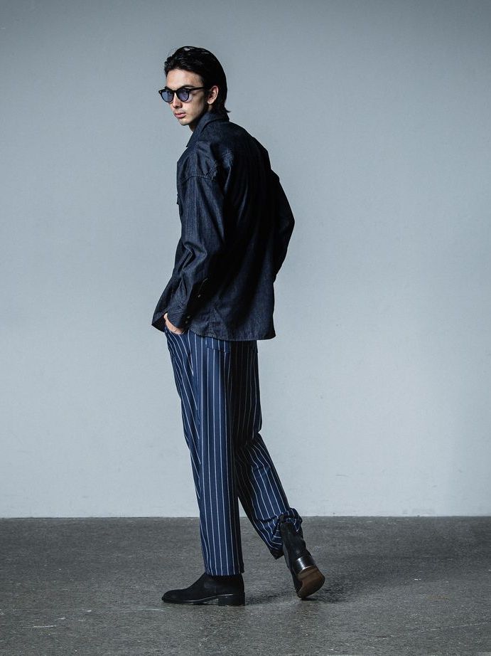 《予約品》 CHRIS EASY WIDE TUCK PANTS  / ワイドタックパンツ / ネイビー・ストライプ