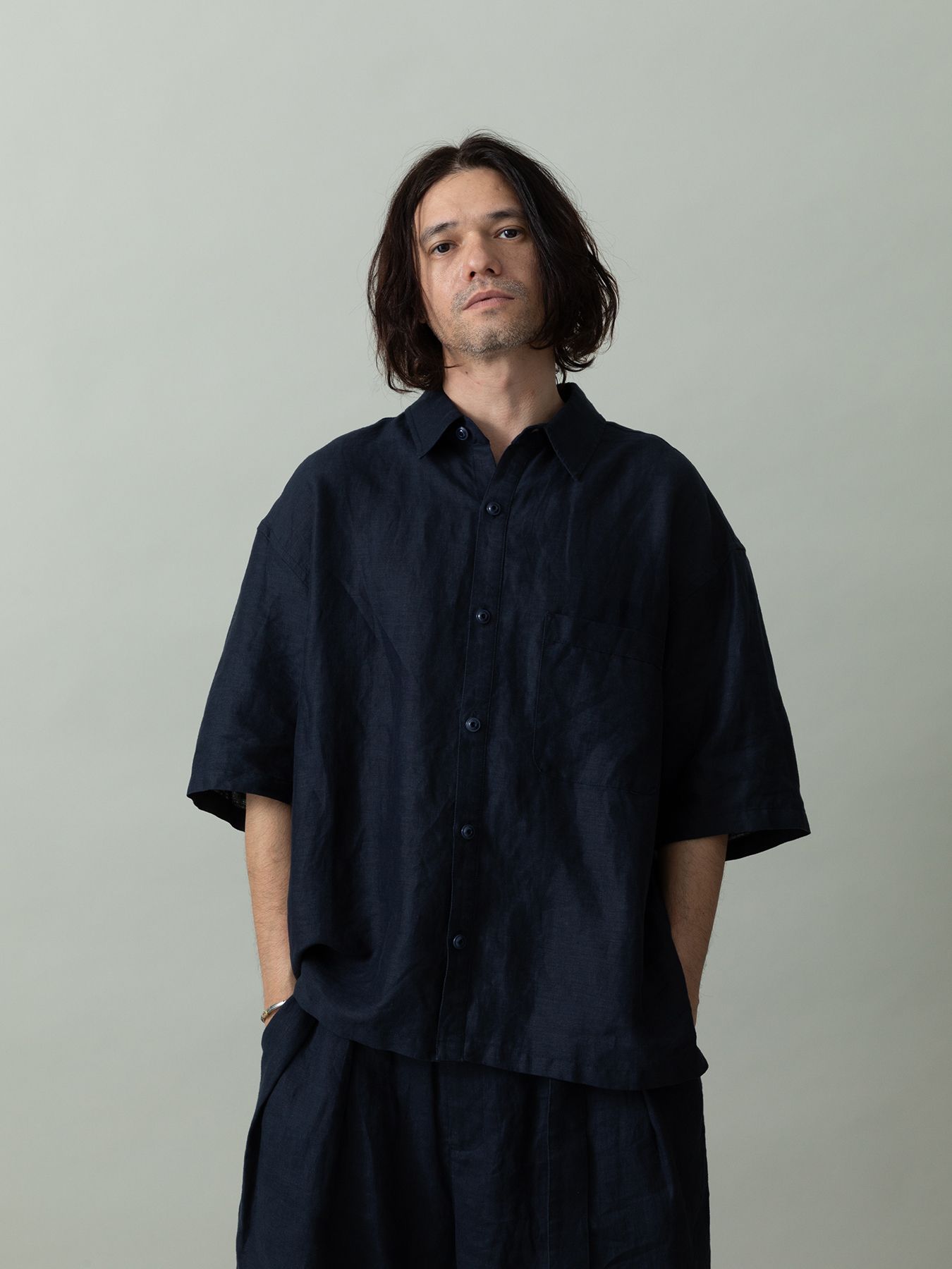 【予約品 2月1日(日) 締切】GATHERLINEN SHIRTS S/S / リネン 半袖シャツ / ネイビー