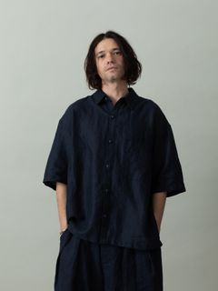 【予約品 2月1日(日) 締切】GATHERLINEN SHIRTS S/S / リネン 半袖シャツ / ネイビー