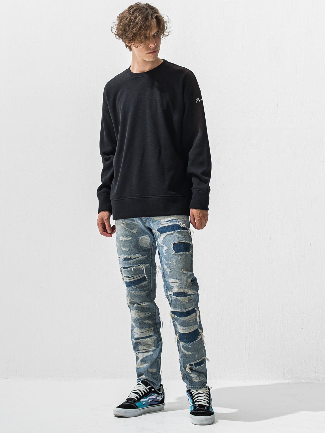 【予約品 9月6日(日) 締切】VELOURS FLEECE THERMAL LOOSE TRAINER / 裏起毛 ハニカムサーマル ルーズトレーナー / ブラック