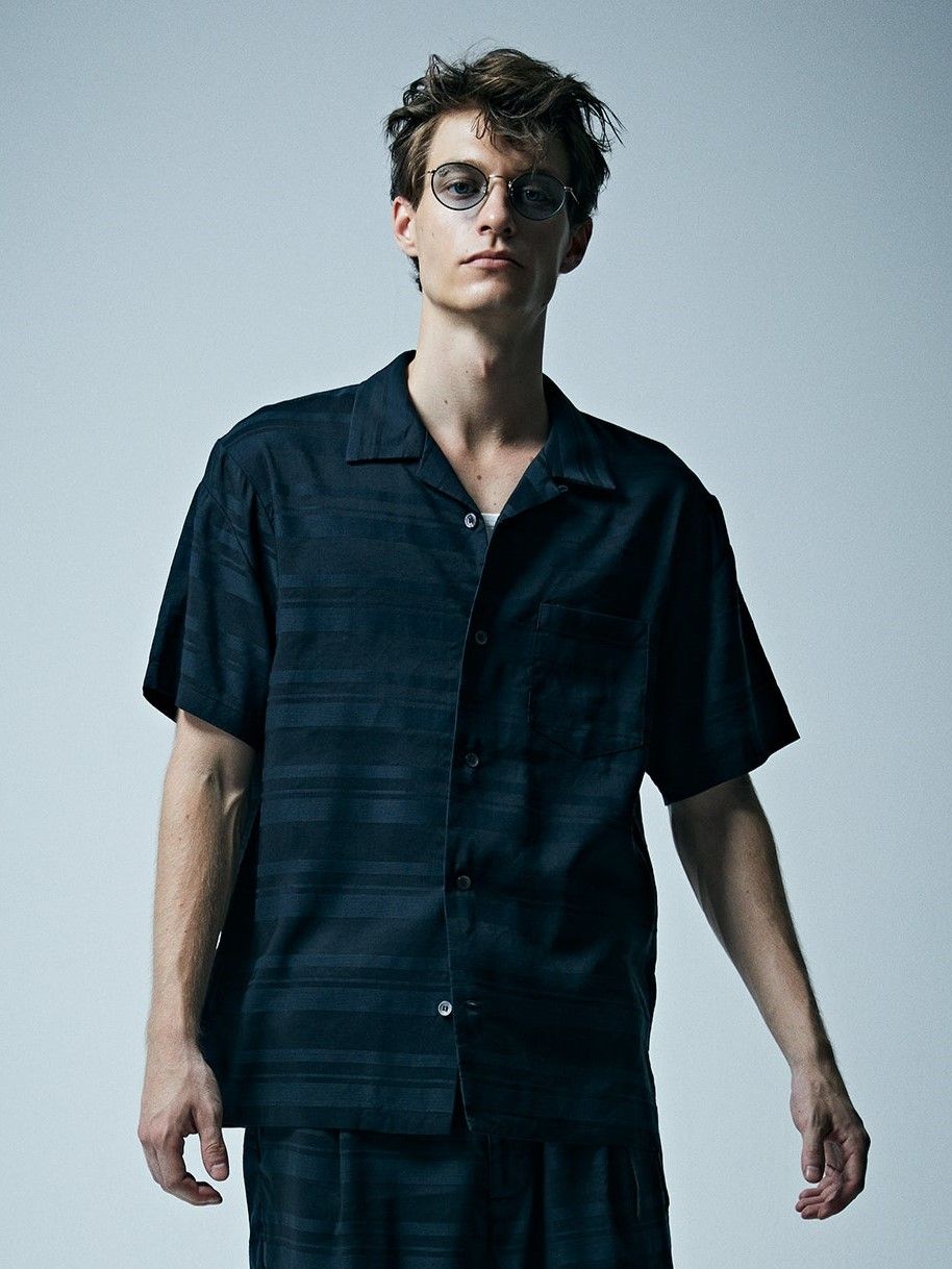 レーヨン コットンラミー ストライプ H/S 開襟シャツ  / Open Collar Shirt / ブラック 【STRUM】2024年2月入荷予定