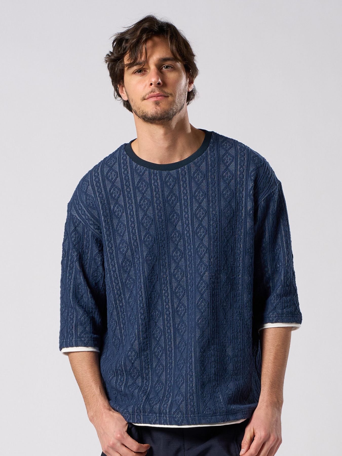 【予約品 1月25日(日) 締切】jacquard summer knit H/S / ジャガード サマーニット ハーフスリーブ / ネイビー
