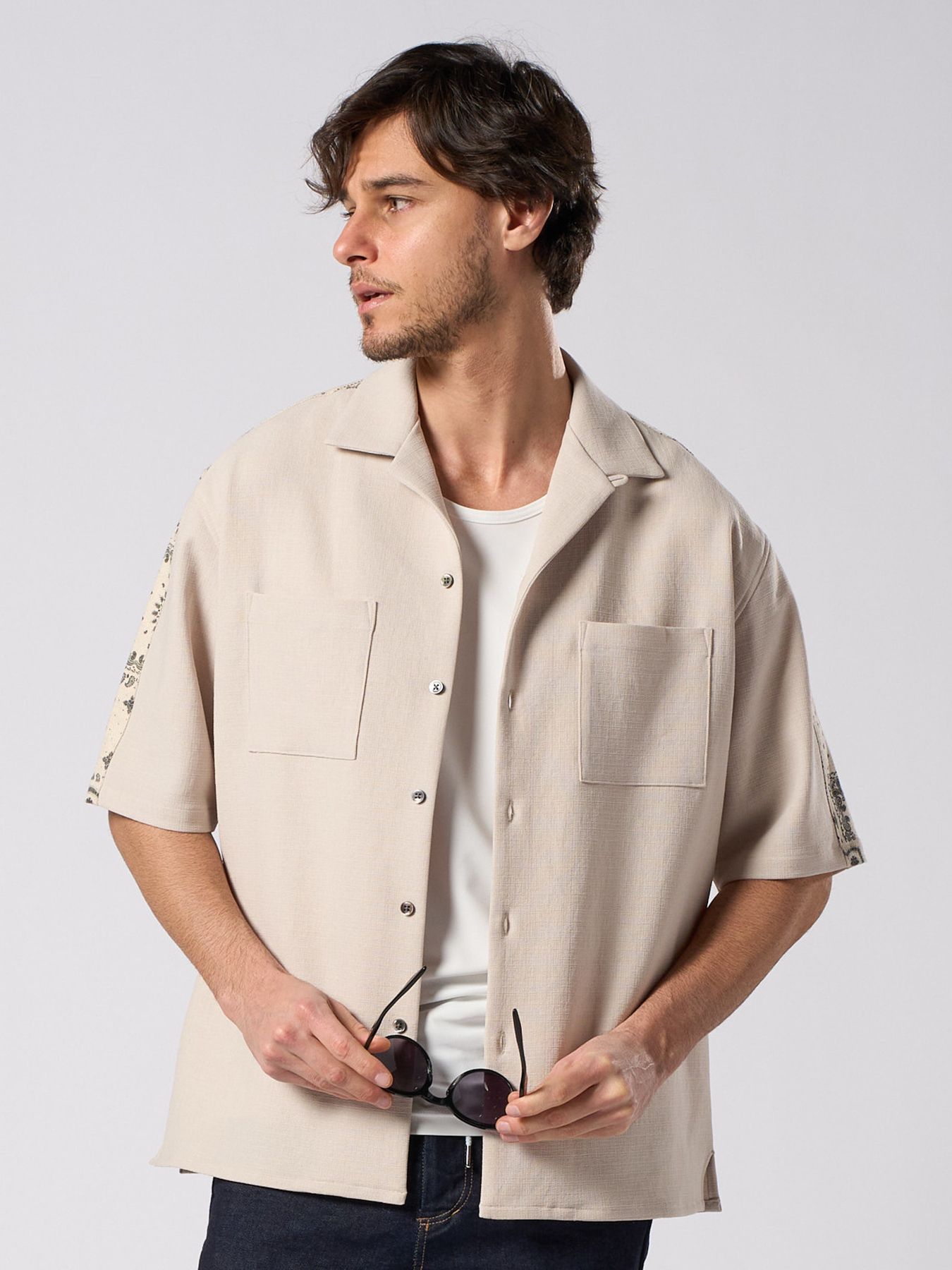【予約品 1月25日(日) 締切】bandana print panel open shirt / バンダナプリントパネル オープンカラーシャツ / ベージュ