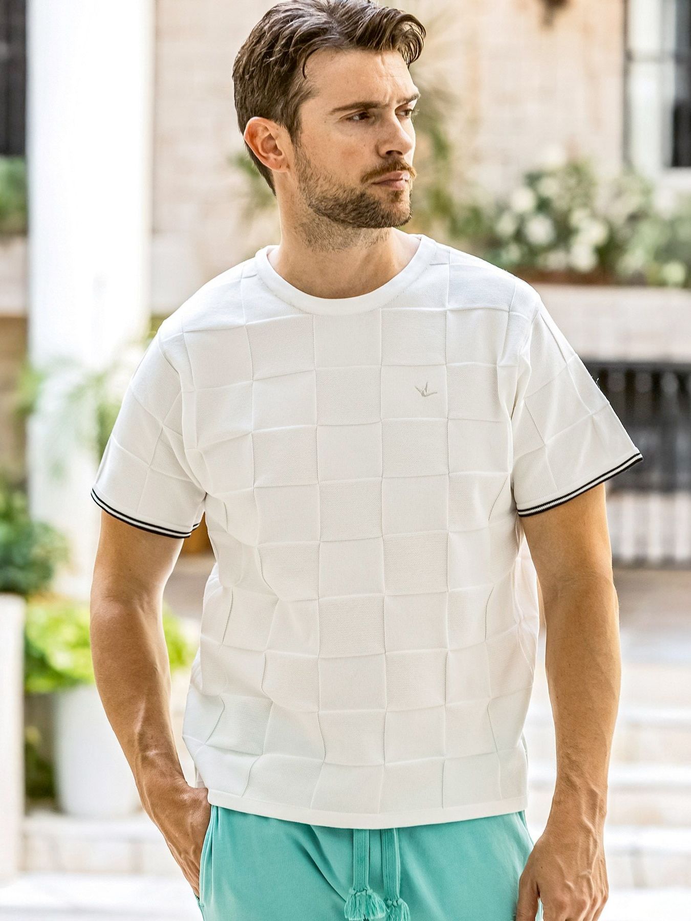 ブロックニット半袖Tシャツ / ホワイト