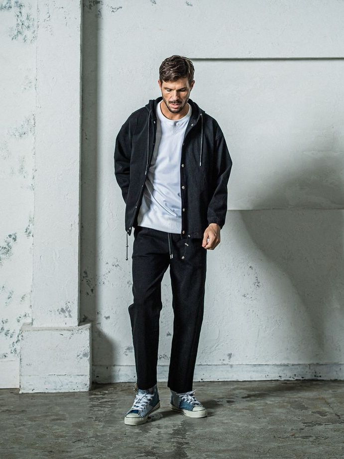 《予約11月17日19時締め》 DENIM JERSEY  coach hoodie / ジャケットパーカー / ブラック