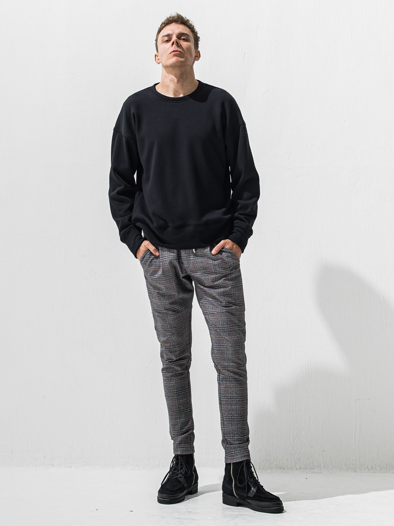 【予約品 9月6日(日) 締切】PIN ST RC VELOURS FLEECE DROP TRAINER / ピンストライプロゴ 裏起毛 ルーズトレーナー / ブラック